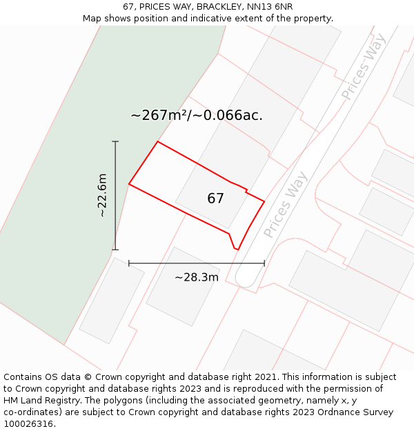 67, PRICES WAY, BRACKLEY, NN13 6NR: Plot and title map