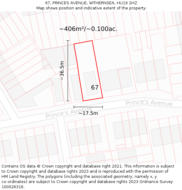 67, PRINCES AVENUE, WITHERNSEA, HU19 2HZ: Plot and title map