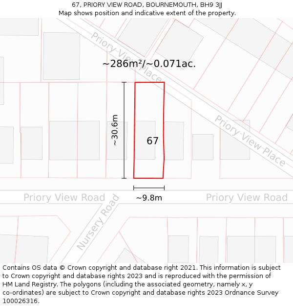 67, PRIORY VIEW ROAD, BOURNEMOUTH, BH9 3JJ: Plot and title map