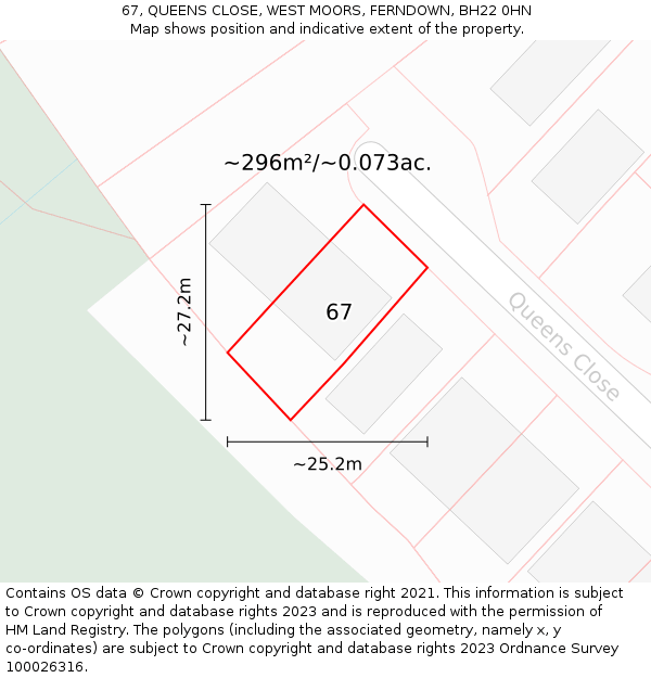 67, QUEENS CLOSE, WEST MOORS, FERNDOWN, BH22 0HN: Plot and title map