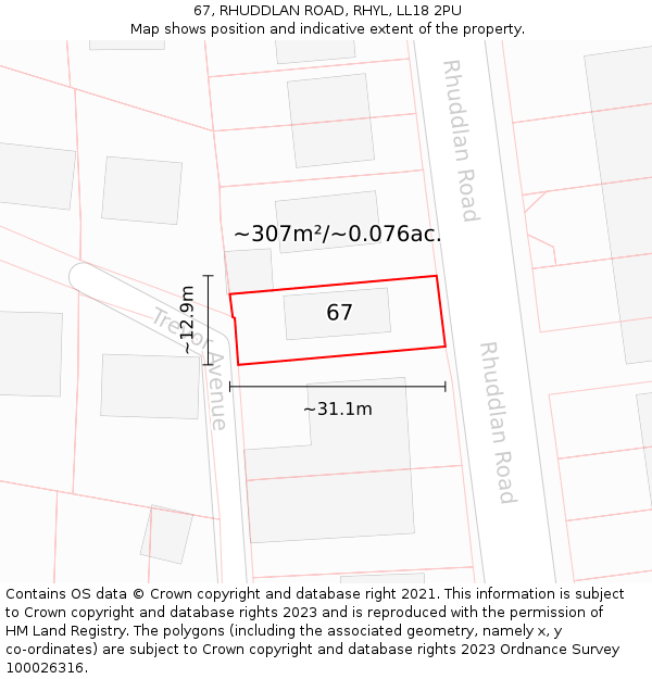 67, RHUDDLAN ROAD, RHYL, LL18 2PU: Plot and title map