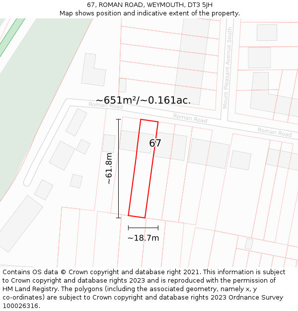 67, ROMAN ROAD, WEYMOUTH, DT3 5JH: Plot and title map