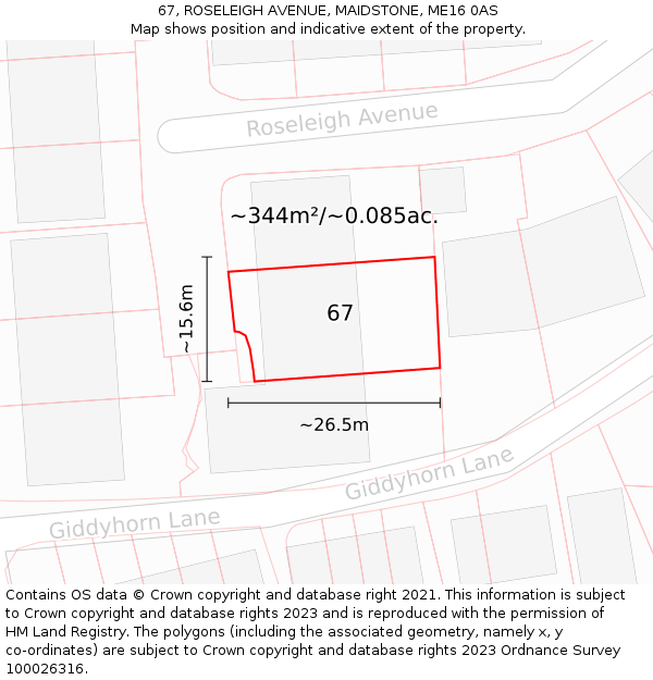 67, ROSELEIGH AVENUE, MAIDSTONE, ME16 0AS: Plot and title map