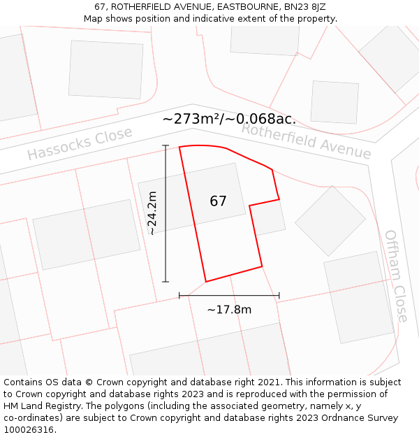 67, ROTHERFIELD AVENUE, EASTBOURNE, BN23 8JZ: Plot and title map