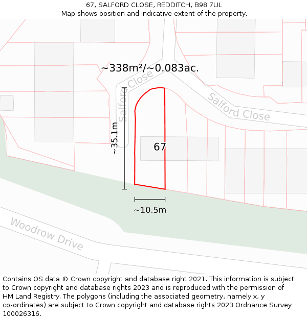 67, SALFORD CLOSE, REDDITCH, B98 7UL: Plot and title map