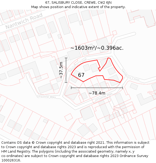 67, SALISBURY CLOSE, CREWE, CW2 6JN: Plot and title map