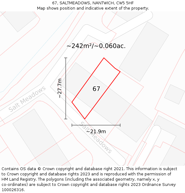 67, SALTMEADOWS, NANTWICH, CW5 5HF: Plot and title map