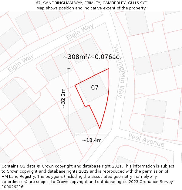 67, SANDRINGHAM WAY, FRIMLEY, CAMBERLEY, GU16 9YF: Plot and title map