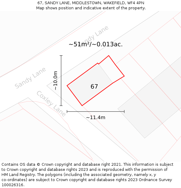 67, SANDY LANE, MIDDLESTOWN, WAKEFIELD, WF4 4PN: Plot and title map