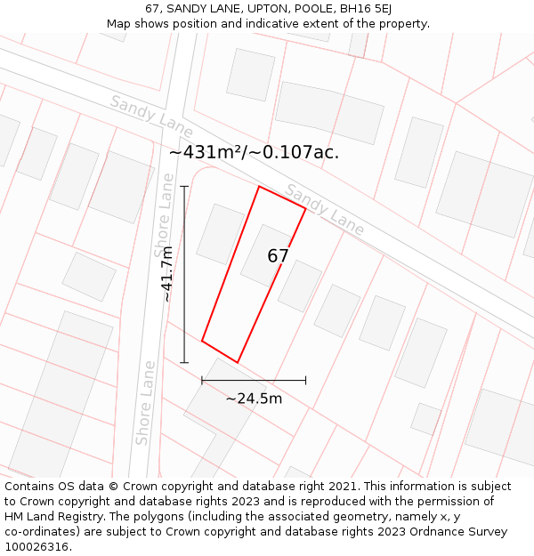 67, SANDY LANE, UPTON, POOLE, BH16 5EJ: Plot and title map