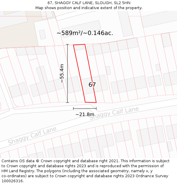 67, SHAGGY CALF LANE, SLOUGH, SL2 5HN: Plot and title map