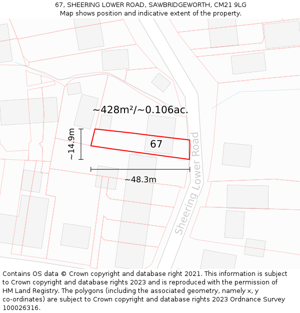 67, SHEERING LOWER ROAD, SAWBRIDGEWORTH, CM21 9LG: Plot and title map