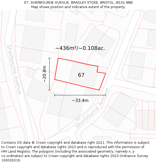 67, SHERBOURNE AVENUE, BRADLEY STOKE, BRISTOL, BS32 8BB: Plot and title map