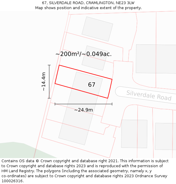 67, SILVERDALE ROAD, CRAMLINGTON, NE23 3LW: Plot and title map