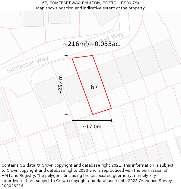 67, SOMERSET WAY, PAULTON, BRISTOL, BS39 7YX: Plot and title map