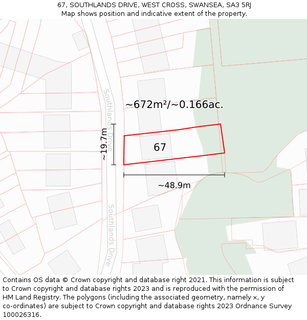 67, SOUTHLANDS DRIVE, WEST CROSS, SWANSEA, SA3 5RJ: Plot and title map