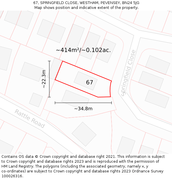 67, SPRINGFIELD CLOSE, WESTHAM, PEVENSEY, BN24 5JG: Plot and title map