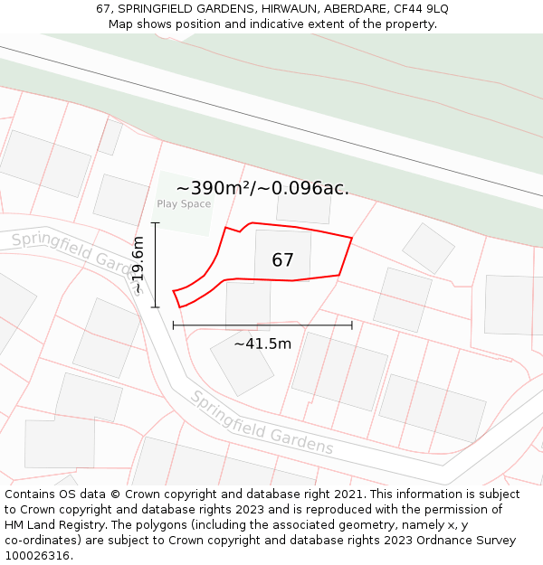 67, SPRINGFIELD GARDENS, HIRWAUN, ABERDARE, CF44 9LQ: Plot and title map