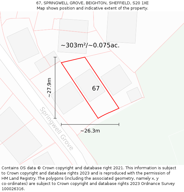 67, SPRINGWELL GROVE, BEIGHTON, SHEFFIELD, S20 1XE: Plot and title map