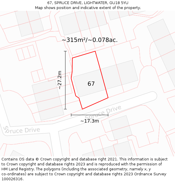 67, SPRUCE DRIVE, LIGHTWATER, GU18 5YU: Plot and title map