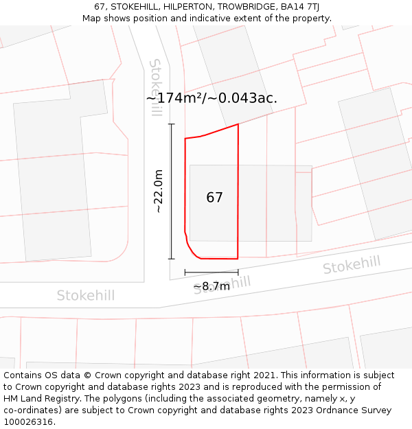 67, STOKEHILL, HILPERTON, TROWBRIDGE, BA14 7TJ: Plot and title map