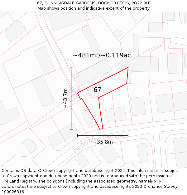 67, SUNNINGDALE GARDENS, BOGNOR REGIS, PO22 9LE: Plot and title map