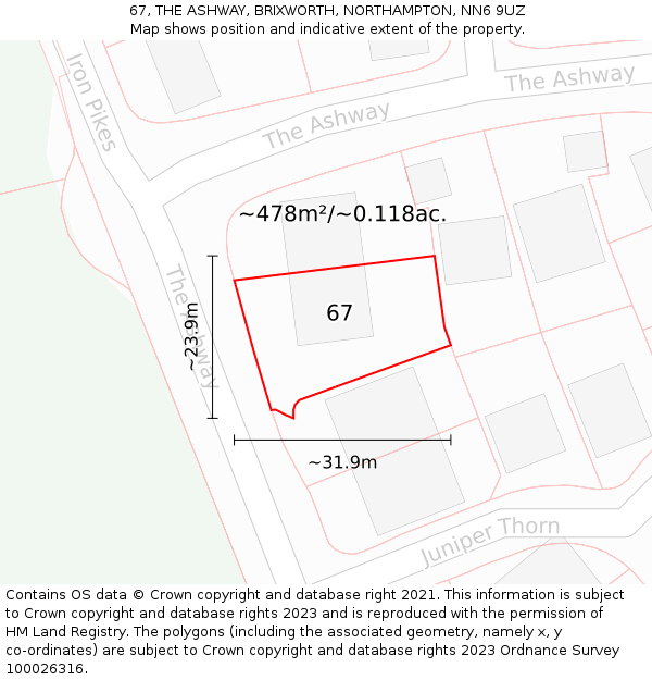 67, THE ASHWAY, BRIXWORTH, NORTHAMPTON, NN6 9UZ: Plot and title map