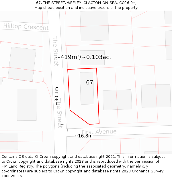 67, THE STREET, WEELEY, CLACTON-ON-SEA, CO16 9HJ: Plot and title map