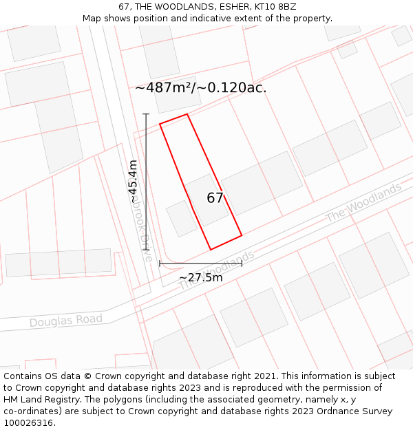 67, THE WOODLANDS, ESHER, KT10 8BZ: Plot and title map