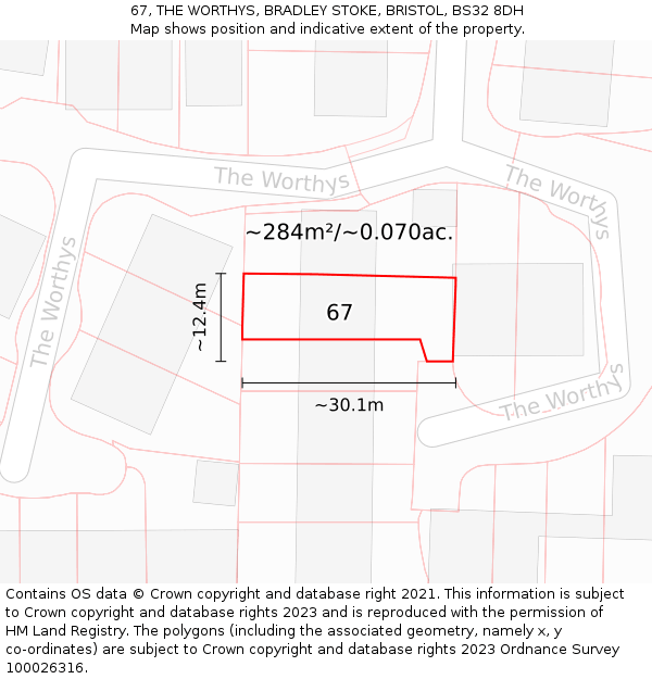 67, THE WORTHYS, BRADLEY STOKE, BRISTOL, BS32 8DH: Plot and title map