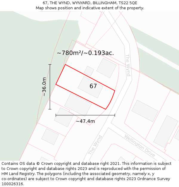 67, THE WYND, WYNYARD, BILLINGHAM, TS22 5QE: Plot and title map