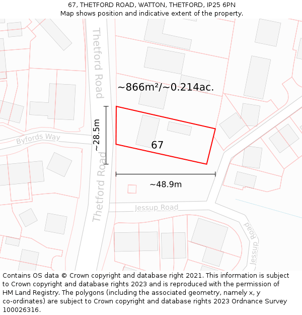 67, THETFORD ROAD, WATTON, THETFORD, IP25 6PN: Plot and title map