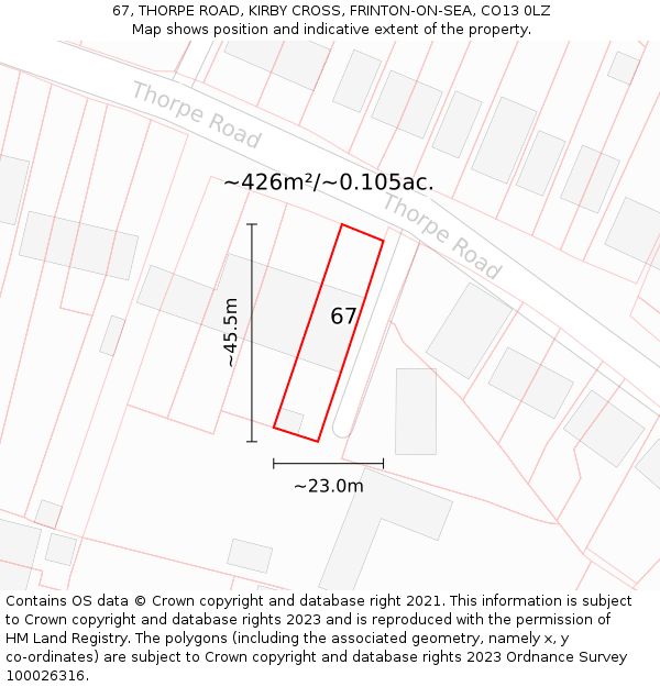 67, THORPE ROAD, KIRBY CROSS, FRINTON-ON-SEA, CO13 0LZ: Plot and title map