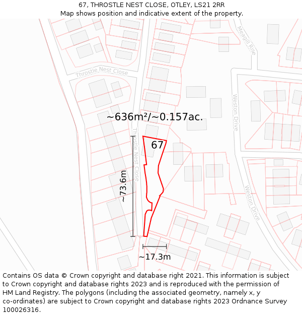 67, THROSTLE NEST CLOSE, OTLEY, LS21 2RR: Plot and title map