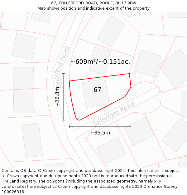 67, TOLLERFORD ROAD, POOLE, BH17 9BW: Plot and title map