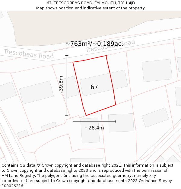 67, TRESCOBEAS ROAD, FALMOUTH, TR11 4JB: Plot and title map