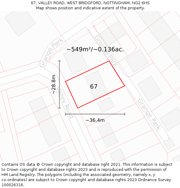 67, VALLEY ROAD, WEST BRIDGFORD, NOTTINGHAM, NG2 6HS: Plot and title map