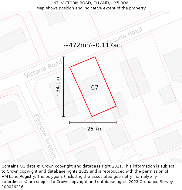 67, VICTORIA ROAD, ELLAND, HX5 0QA: Plot and title map