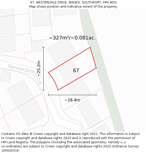 67, WESTERDALE DRIVE, BANKS, SOUTHPORT, PR9 8DG: Plot and title map