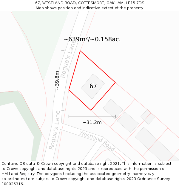 67, WESTLAND ROAD, COTTESMORE, OAKHAM, LE15 7DS: Plot and title map