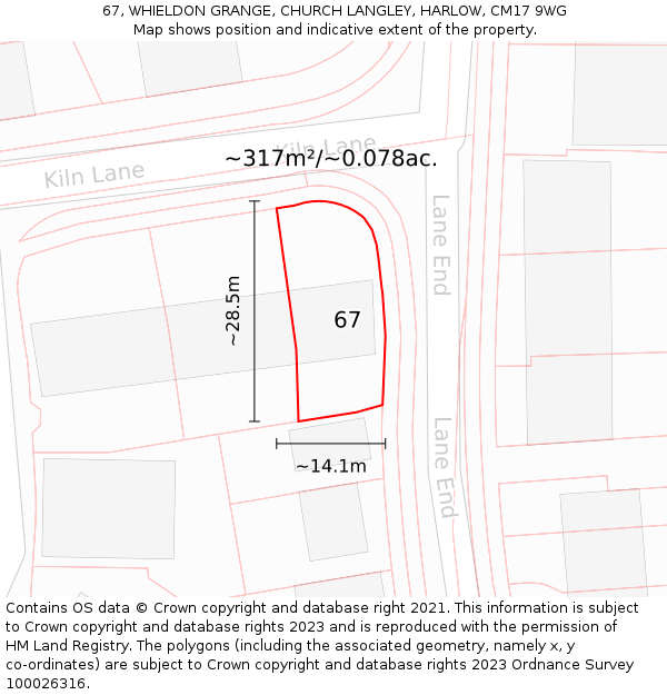 67, WHIELDON GRANGE, CHURCH LANGLEY, HARLOW, CM17 9WG: Plot and title map