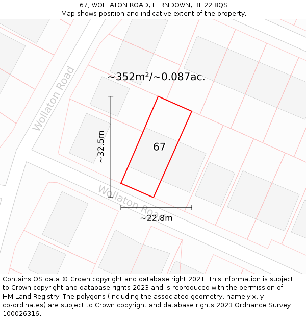 67, WOLLATON ROAD, FERNDOWN, BH22 8QS: Plot and title map