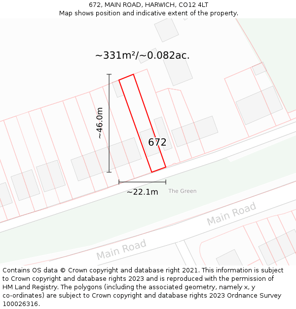 672, MAIN ROAD, HARWICH, CO12 4LT: Plot and title map