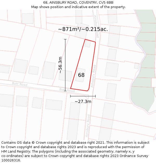 68, AINSBURY ROAD, COVENTRY, CV5 6BB: Plot and title map