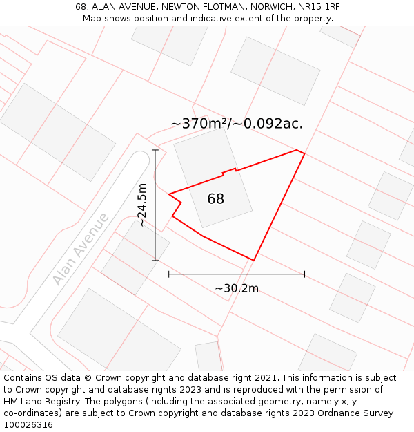 68, ALAN AVENUE, NEWTON FLOTMAN, NORWICH, NR15 1RF: Plot and title map