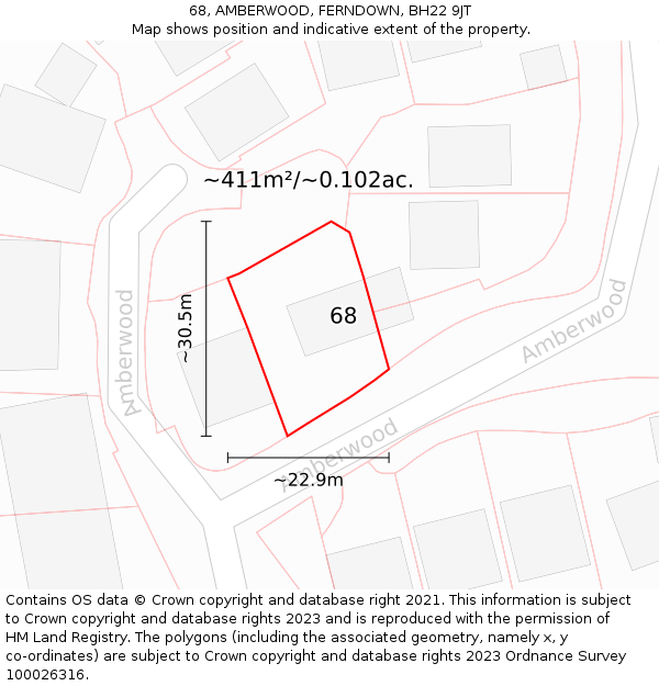 68, AMBERWOOD, FERNDOWN, BH22 9JT: Plot and title map