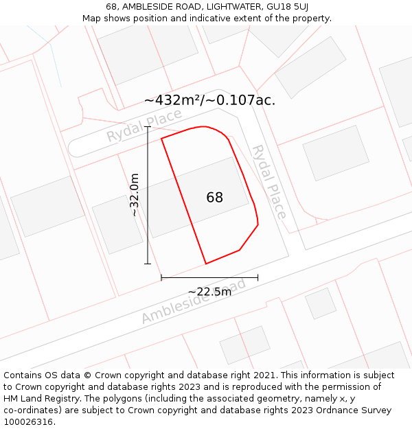 68, AMBLESIDE ROAD, LIGHTWATER, GU18 5UJ: Plot and title map