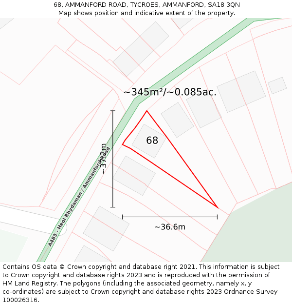 68, AMMANFORD ROAD, TYCROES, AMMANFORD, SA18 3QN: Plot and title map