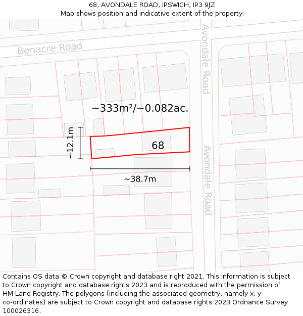 68, AVONDALE ROAD, IPSWICH, IP3 9JZ: Plot and title map