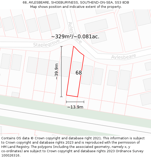 68, AYLESBEARE, SHOEBURYNESS, SOUTHEND-ON-SEA, SS3 8DB: Plot and title map